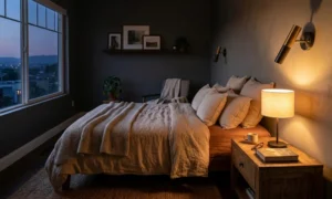 cozy small bedroom layered lighting evening