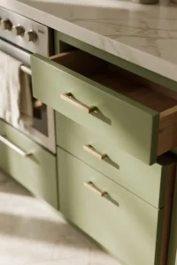 close up of modern brass kitchen cabinet handle on olive green drawer