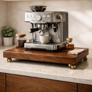 cozy coffee bar setup with espresso machine wood tray and ceramic mugs