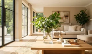elegant leafy branches in clear glass vase bright summer interior
