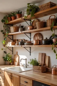 rustic kitchen open shelving styled with ceramic bowls and a small plant