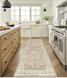 vintage traditional runner rug on hardwood kitchen floor next to white island
