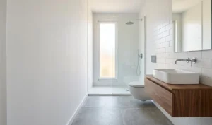 Modern small narrow bathroom with single-wall plumbing layout showing aligned vanity toilet and shower
