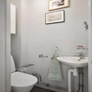 Small bathroom layout with a white sink and toilet in a narrow space
