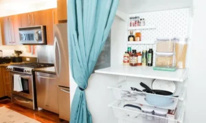 Small kitchen storage ideas shown in a compact, well-organized kitchen