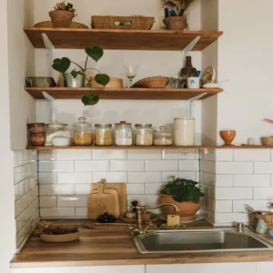 Under-sink storage organized around plumbing in a small kitchen