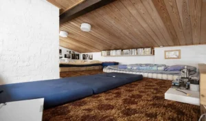bedroom layout with sloped ceiling and low bed placement