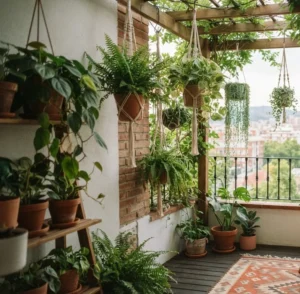 hanging plants shaded balcony corner