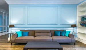 dark navy blue living room accent wall
