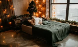 festive apartment decor with lights and greenery