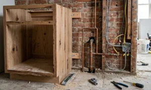 Close-up view of an ongoing kitchen renovation with an unfinished wooden cabinet base installed against an exposed brick wall showing copper pipes and electrical wiring.