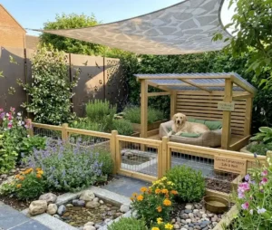 Finished pet-friendly backyard with shade, fencing, and safe plants