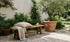 Minimalist boho backyard patio featuring a low wooden bench with a linen throw blanket and a large olive tree in a terracotta pot