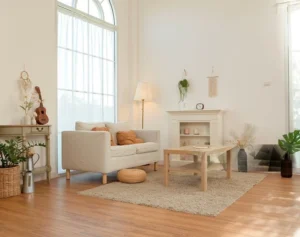 Open-concept living room defined by furniture and a rug instead of a wall