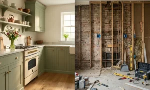Side-by-side comparison layout showing a finished mint-green vintage kitchen on the left and a raw kitchen renovation site with exposed brickwork and copper plumbing on the right.