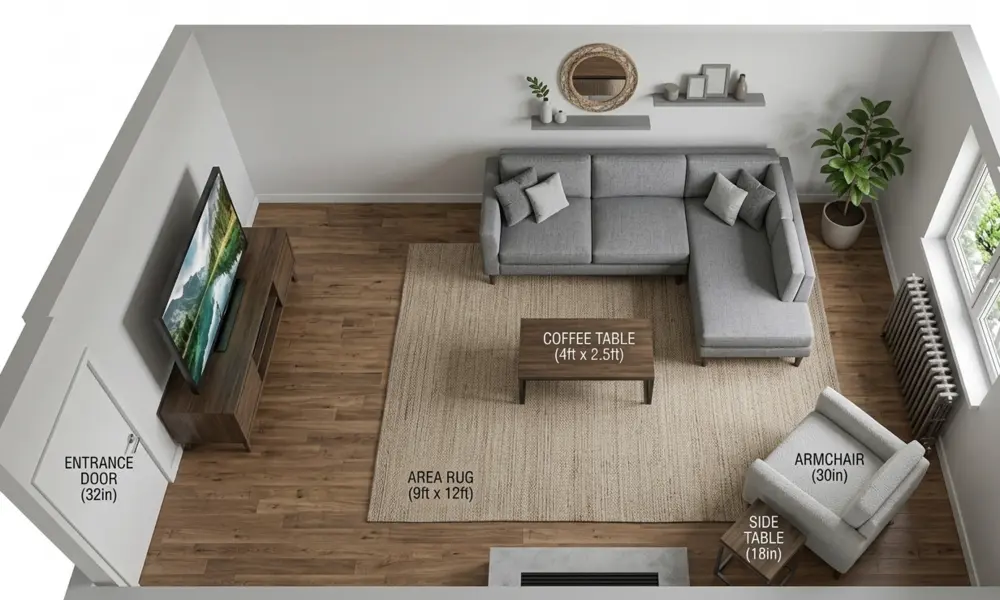 Small Living Room Layout Furniture Proportions & Walkway Clearances