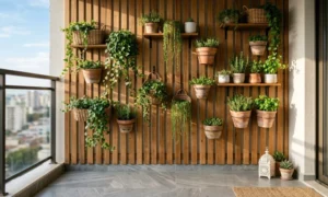 Vertical slatted wooden wall garden on a small boho balcony with hanging terracotta pots and climbing green plants