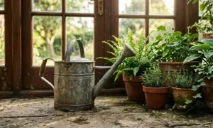 aged metal vintage watering can beside potted plants near a patio door, natural daylight