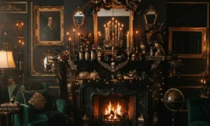 black gold gothic living room halloween mantel