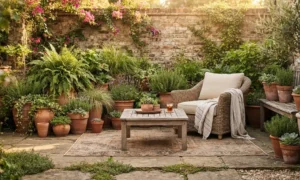 boho garden terracotta pots lush plants summer outdoor seating