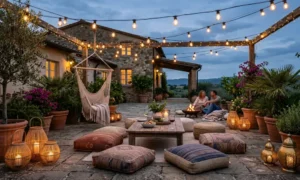 boho patio warm string lights lanterns summer evening