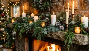 christmas mantel decor with candles and layered greenery