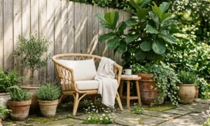 realistic cozy boho garden corner chair plants summer outdoor living