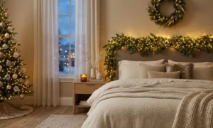 cozy christmas bedroom decor with warm string lights and neutral tones