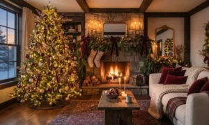 cozy living room decorated for christmas with warm lighting and burgundy accents