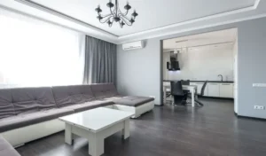 finished studio apartment living dining zones