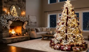 flocked white christmas tree decorated with gold and burgundy ornaments