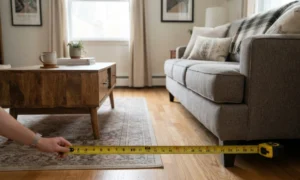 measuring tape showing walkway clearance between a sofa and coffee table