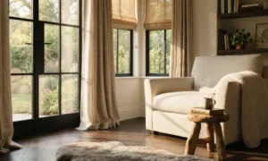 reading chair beside window natural light Choose chair angled beside the window, realistic curtains or blinds