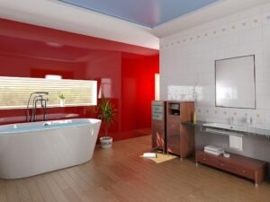 red bathroom towels apartment