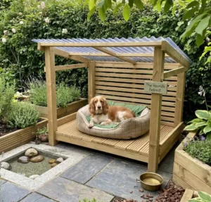 shaded pergola backyard dog bed