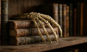 small skeleton hand bookshelf decor