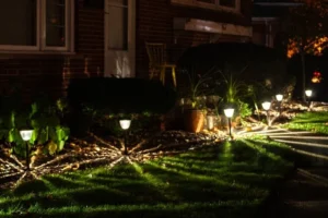 solar path lights porch steps evening