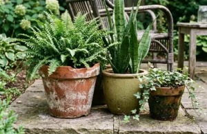 three different aged terracotta and ceramic pots with healthy green plants grouped beside vintage patio furniture