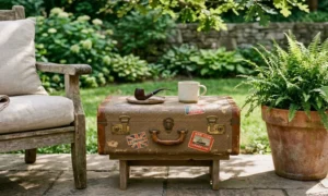 vintage hard-sided suitcase repurposed as a small patio side table beside a chair and potted plant