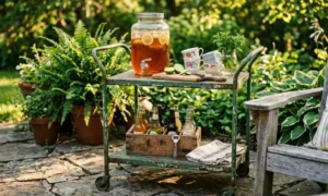 vintage metal serving cart used as a simple outdoor drink station beside patio seating, realistic styling