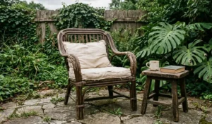 vintage rattan patio chair with a simple outdoor cushion beside greenery and a small side table