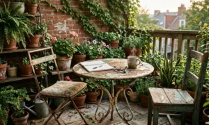 weathered vintage wrought-iron patio table with two mismatched chairs, surrounded by plants, realistic lived-in home setting