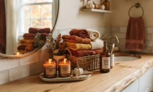 Cozy fall-themed bathroom counter with candles and warm-toned towels