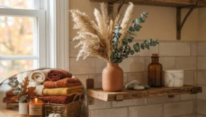 Dried pampas grass and eucalyptus in a small vase on a bathroom shelf