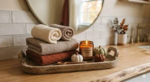 Neutral fall bathroom decor with folded towels, candle, and small pumpkins on a wooden tray