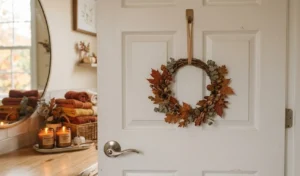 Small dried leaf wreath hanging on the back of a bathroom door