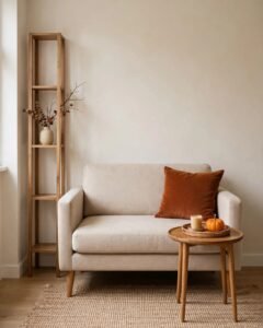 Small fall living room with compact furniture, a simple tray, and vertical shelf styling