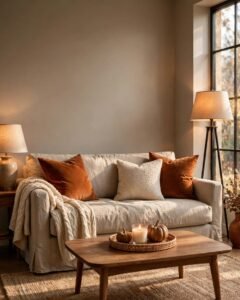 Cozy fall living room with warm lighting, neutral furniture, and layered throws