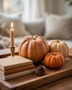 Fall coffee table with a small tray, pumpkins, candle, and stacked books