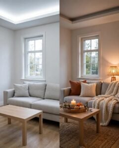 Fall living room makeover with warm colors, layered textures, and restrained seasonal decor